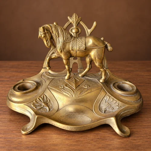 Ancien encrier en laiton au cheval