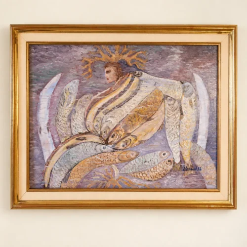 Huile sur toile « Poséidon en farandole » – Jacqueline Arnaud, 1992