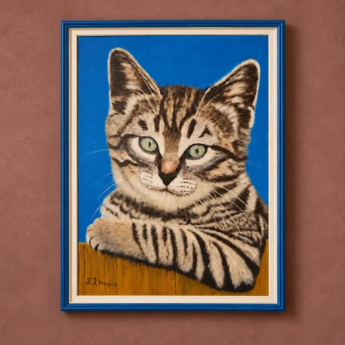 Portrait de chat tigré, huile sur toile signée J. Kralicek